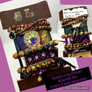 $160 ⭐️NEW Sandra Ling Artisan Iridescent Purple Leather & Stretch Bracelet Set